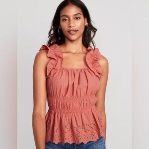 NWT! Sleeveless Waist-Defined Ruffle-Trim Embroidered Babydoll Blouse - Medium 🤎